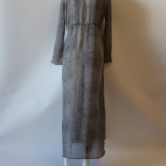 WOMENS AAKAA BLACK WHIT PRINT DESIGN SEMI-SHEER MAXI WRAP DRESS M * - Picture 9 of 10